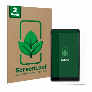 Parte frontal de un envase de producto con el logotipo de la marca ScreenLeaf. Al lado se muestra el dispositivo innioasis G1-