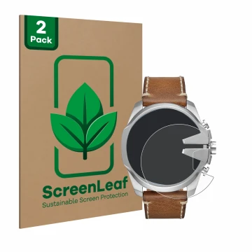 Parte frontal de un envase de producto con el logotipo de la marca ScreenLeaf. Al lado se muestra el dispositivo Diesel Mega C