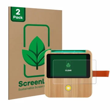 Parte frontal de un envase de producto con el logotipo de la marca ScreenLeaf. Al lado se muestra el dispositivo tigerbox Touc