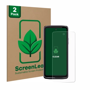 Parte frontal de un envase de producto con el logotipo de la marca ScreenLeaf. Al lado se muestra el dispositivo Crosscall Ste