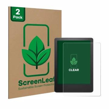 Parte frontal de un envase de producto con el logotipo de la marca ScreenLeaf. Al lado se muestra el dispositivo Amazon Kindle