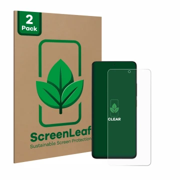 Parte frontal de un envase de producto con el logotipo de la marca ScreenLeaf. Al lado se muestra el dispositivo Xiaomi Poco X