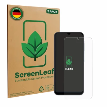 Parte frontal de un envase de producto con el logotipo de la marca ScreenLeaf. Al lado se muestra el dispositivo Samsung Galax
