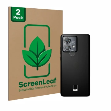 Parte frontal de un envase de producto con el logotipo de la marca ScreenLeaf. Al lado se muestra el dispositivo Motorola Edge