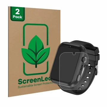 Parte frontal de un envase de producto con el logotipo de la marca ScreenLeaf. Al lado se muestra el dispositivo Okyuk 4G Kids
