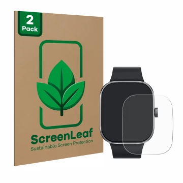 Parte frontal de un envase de producto con el logotipo de la marca ScreenLeaf. Al lado se muestra el dispositivo Xiaomi Redmi 