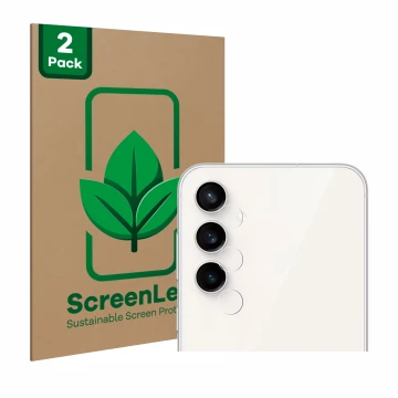 Parte frontal de un envase de producto con el logotipo de la marca ScreenLeaf. Al lado se muestra el dispositivo Samsung Galax