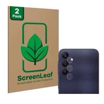 Parte frontal de un envase de producto con el logotipo de la marca ScreenLeaf. Al lado se muestra el dispositivo Samsung Galax