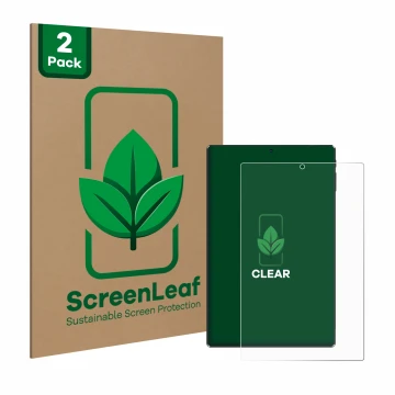 Parte frontal de un envase de producto con el logotipo de la marca ScreenLeaf. Al lado se muestra el dispositivo Simplori M107