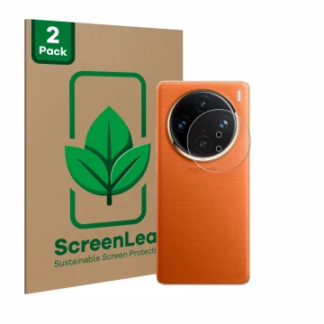 Parte frontal de un envase de producto con el logotipo de la marca ScreenLeaf. Al lado se muestra el dispositivo Vivo X100 Pro