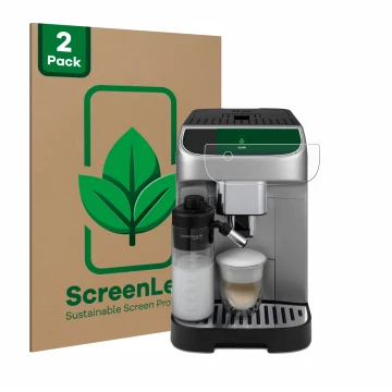 Parte frontal de un envase de producto con el logotipo de la marca ScreenLeaf. Al lado se muestra el dispositivo DeLonghi Magn