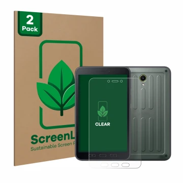 Parte frontal de un envase de producto con el logotipo de la marca ScreenLeaf. Al lado se muestra el dispositivo Samsung Galax