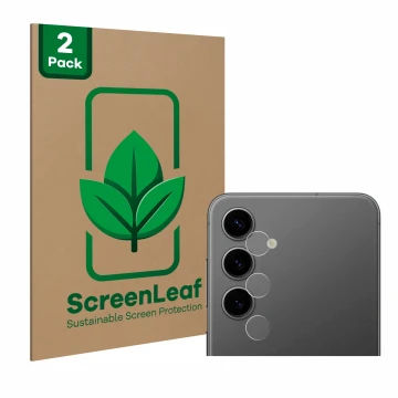 Parte frontal de un envase de producto con el logotipo de la marca ScreenLeaf. Al lado se muestra el dispositivo Samsung Galax