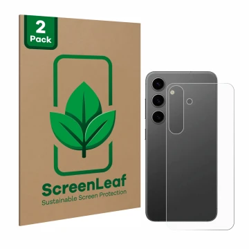 Parte frontal de un envase de producto con el logotipo de la marca ScreenLeaf. Al lado se muestra el dispositivo Samsung Galax