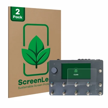 Parte frontal de un envase de producto con el logotipo de la marca ScreenLeaf. Al lado se muestra el dispositivo Neural DSP Qu