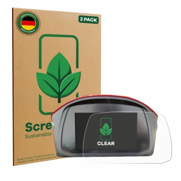Parte frontal de un envase de producto con el logotipo de la marca ScreenLeaf. Al lado se muestra el dispositivo Moto Morini X