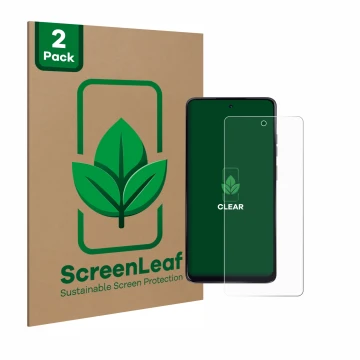 Parte frontal de un envase de producto con el logotipo de la marca ScreenLeaf. Al lado se muestra el dispositivo Motorola Moto