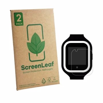 Parte frontal de un envase de producto con el logotipo de la marca ScreenLeaf. Al lado se muestra el dispositivo SaveFamily Ic