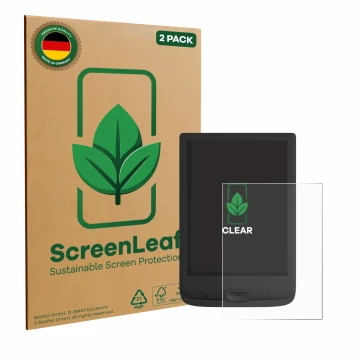 Parte frontal de un envase de producto con el logotipo de la marca ScreenLeaf. Al lado se muestra el dispositivo PocketBook Ba