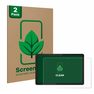 Parte frontal de un envase de producto con el logotipo de la marca ScreenLeaf. Al lado se muestra el dispositivo Lenovo Tab M1