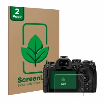 Parte frontal de un envase de producto con el logotipo de la marca ScreenLeaf. Al lado se muestra el dispositivo Olympus OM Sy