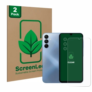 Parte frontal de un envase de producto con el logotipo de la marca ScreenLeaf. Al lado se muestra el dispositivo Samsung Galax