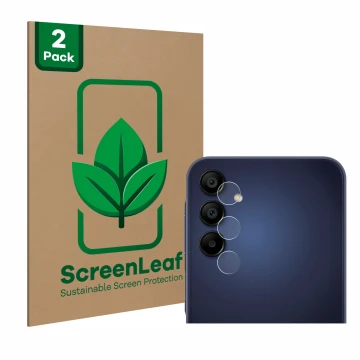 Parte frontal de un envase de producto con el logotipo de la marca ScreenLeaf. Al lado se muestra el dispositivo Samsung Galax