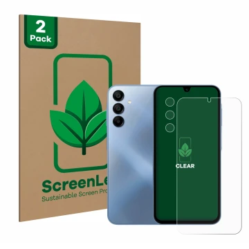 Parte frontal de un envase de producto con el logotipo de la marca ScreenLeaf. Al lado se muestra el dispositivo Samsung Galax