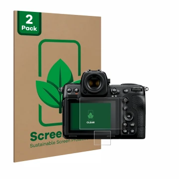 Parte frontal de un envase de producto con el logotipo de la marca ScreenLeaf. Al lado se muestra el dispositivo Nikon Z 8 (Pa