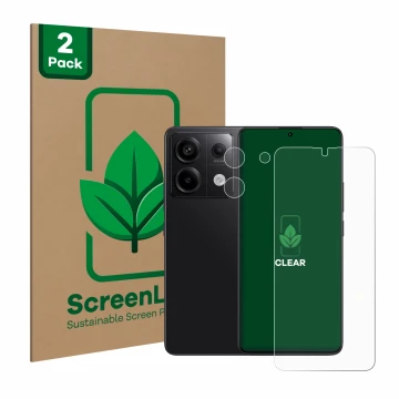 Parte frontal de un envase de producto con el logotipo de la marca ScreenLeaf. Al lado se muestra el dispositivo Xiaomi Redmi 