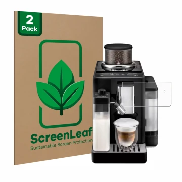 Parte frontal de un envase de producto con el logotipo de la marca ScreenLeaf. Al lado se muestra el dispositivo DeLonghi Rive