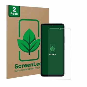 Parte frontal de un envase de producto con el logotipo de la marca ScreenLeaf. Al lado se muestra el dispositivo Xiaomi Redmi 