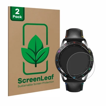 Parte frontal de un envase de producto con el logotipo de la marca ScreenLeaf. Al lado se muestra el dispositivo Xiaomi Watch 