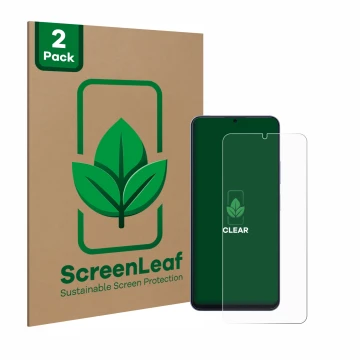Parte frontal de un envase de producto con el logotipo de la marca ScreenLeaf. Al lado se muestra el dispositivo Blackview Col