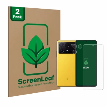 Parte frontal de un envase de producto con el logotipo de la marca ScreenLeaf. Al lado se muestra el dispositivo Xiaomi Poco X