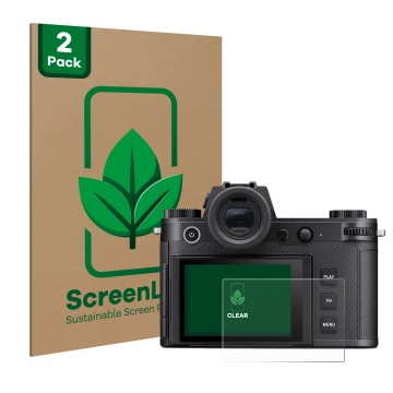 Parte frontal de un envase de producto con el logotipo de la marca ScreenLeaf. Al lado se muestra el dispositivo Leica SL3 con