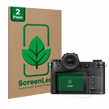 Parte frontal de un envase de producto con el logotipo de la marca ScreenLeaf. Al lado se muestra el dispositivo Leica SL3 (Pa