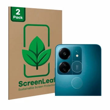 Parte frontal de un envase de producto con el logotipo de la marca ScreenLeaf. Al lado se muestra el dispositivo Xiaomi Redmi 