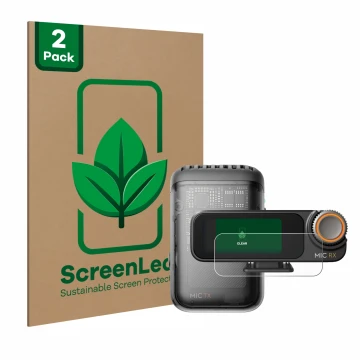 Parte frontal de un envase de producto con el logotipo de la marca ScreenLeaf. Al lado se muestra el dispositivo DJI Mic 2 (Re