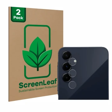 Parte frontal de un envase de producto con el logotipo de la marca ScreenLeaf. Al lado se muestra el dispositivo Samsung Galax