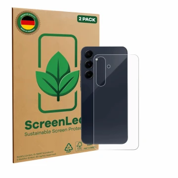 Parte frontal de un envase de producto con el logotipo de la marca ScreenLeaf. Al lado se muestra el dispositivo Samsung Galax