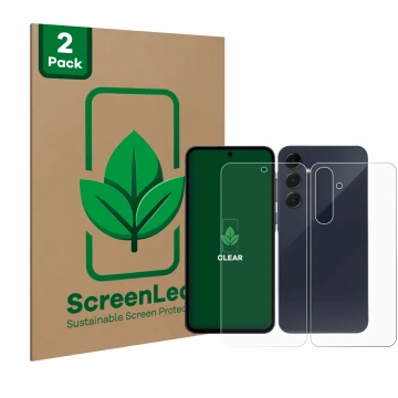 Parte frontal de un envase de producto con el logotipo de la marca ScreenLeaf. Al lado se muestra el dispositivo Samsung Galax