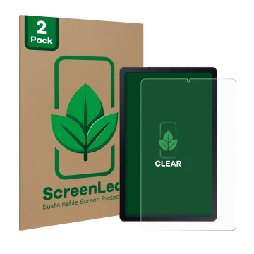 Parte frontal de un envase de producto con el logotipo de la marca ScreenLeaf. Al lado se muestra el dispositivo Samsung Galax