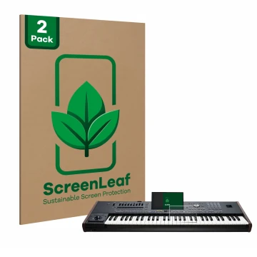 Parte frontal de un envase de producto con el logotipo de la marca ScreenLeaf. Al lado se muestra el dispositivo KORG Pa5X con