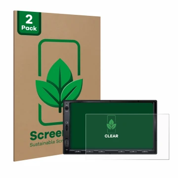 Parte frontal de un envase de producto con el logotipo de la marca ScreenLeaf. Al lado se muestra el dispositivo Atoto F7 WE c
