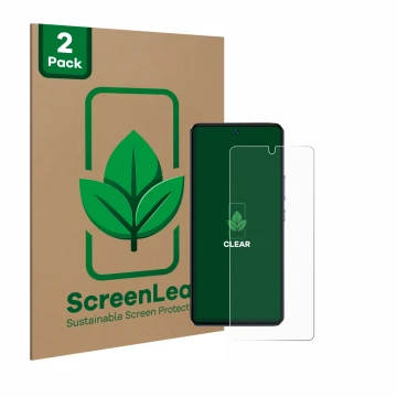 Parte frontal de un envase de producto con el logotipo de la marca ScreenLeaf. Al lado se muestra el dispositivo Vivo V40 SE c