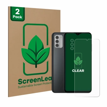 Parte frontal de un envase de producto con el logotipo de la marca ScreenLeaf. Al lado se muestra el dispositivo Nokia G42 5G 