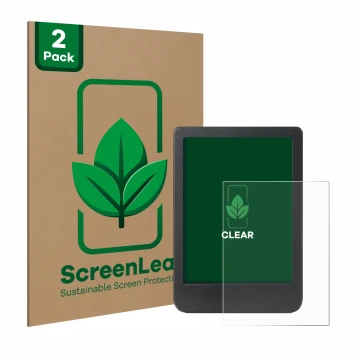 Parte frontal de un envase de producto con el logotipo de la marca ScreenLeaf. Al lado se muestra el dispositivo Kobo Clara BW