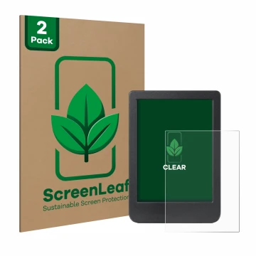 Parte frontal de un envase de producto con el logotipo de la marca ScreenLeaf. Al lado se muestra el dispositivo Kobo Clara Co