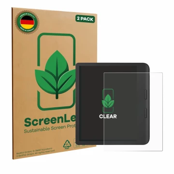 Parte frontal de un envase de producto con el logotipo de la marca ScreenLeaf. Al lado se muestra el dispositivo Tolino Vision